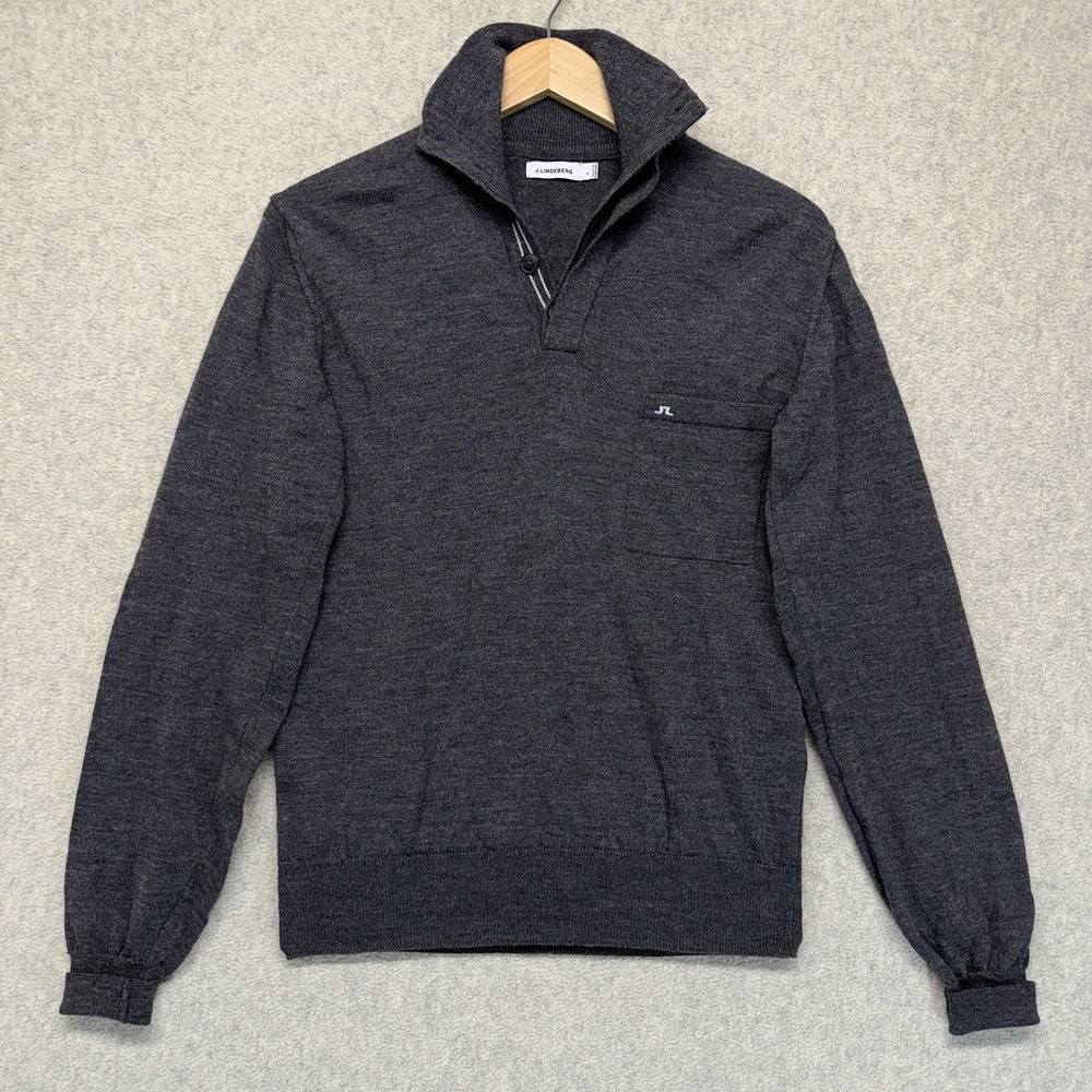 J Lindeberg 100% Merino Wool Sweater Mens Small Gray Mock Neck Pullover Golf